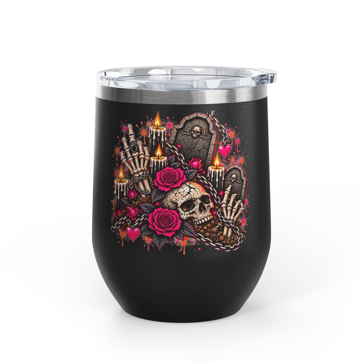 Dirt & Defiance 12oz Wine Tumbler | Gothic Skull & Coffin Stainless Steel Cup by Subbin4Sanity