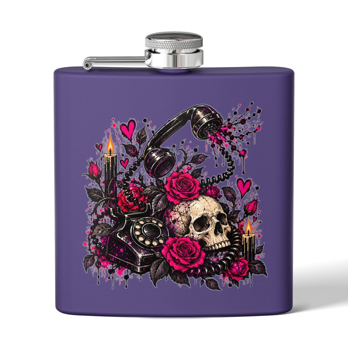 Karma’s Calling 6oz Stainless Steel Flask | Gothic Skull & Telephone Drinking Flask by Subbin4Sanity