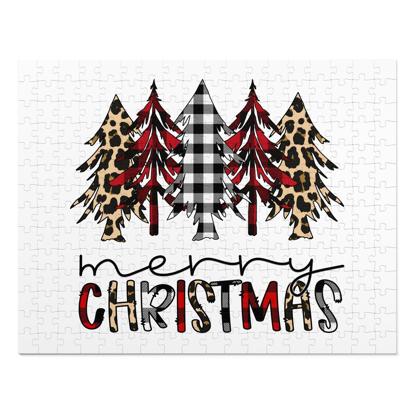 Merry Christmas Jigsaw Puzzle with Tin — Buffalo Plaid & Leopard Trees Merry Christmas Holiday Design