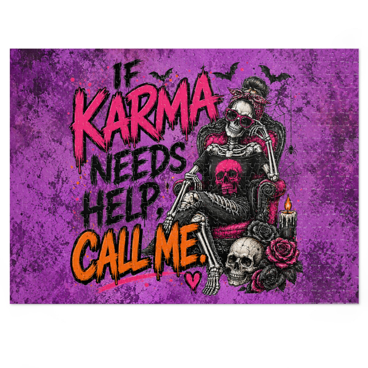 If Karma Needs Help, Call Me Halloween Jigsaw Puzzle | Sarcastic Gothic Skull Puzzle by Subbin4Sanity