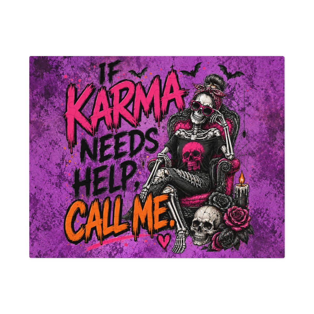 If Karma Needs Help, Call Me Halloween Jigsaw Puzzle | Sarcastic Gothic Skull Puzzle by Subbin4Sanity