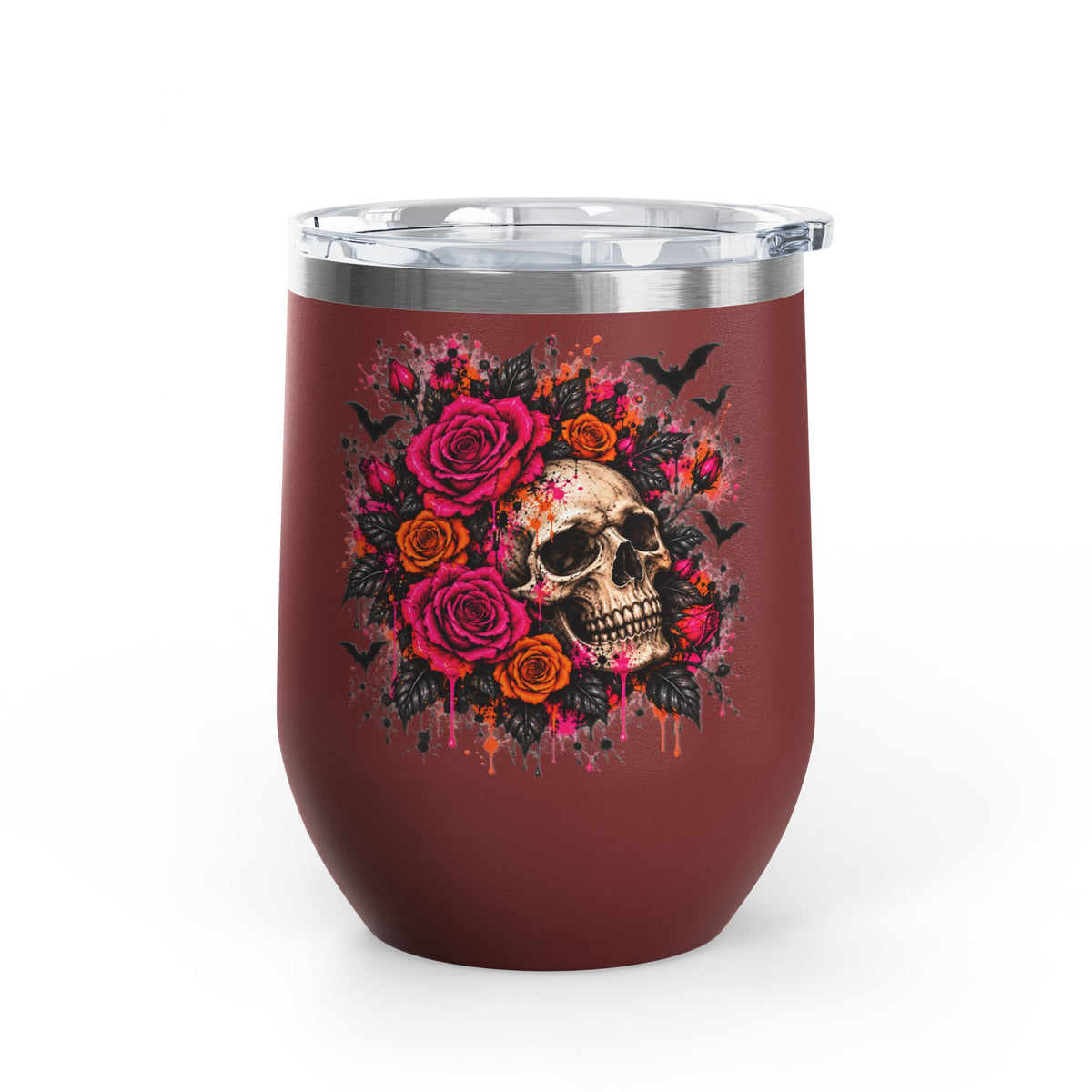 Deadly Blooms 12oz Wine Tumbler | Gothic Floral Skull Stainless Steel Cup by Subbin4Sanity