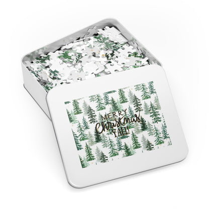 "Merry Christmas Yall!" Puzzle with Tin Box with Christmas Tree Background