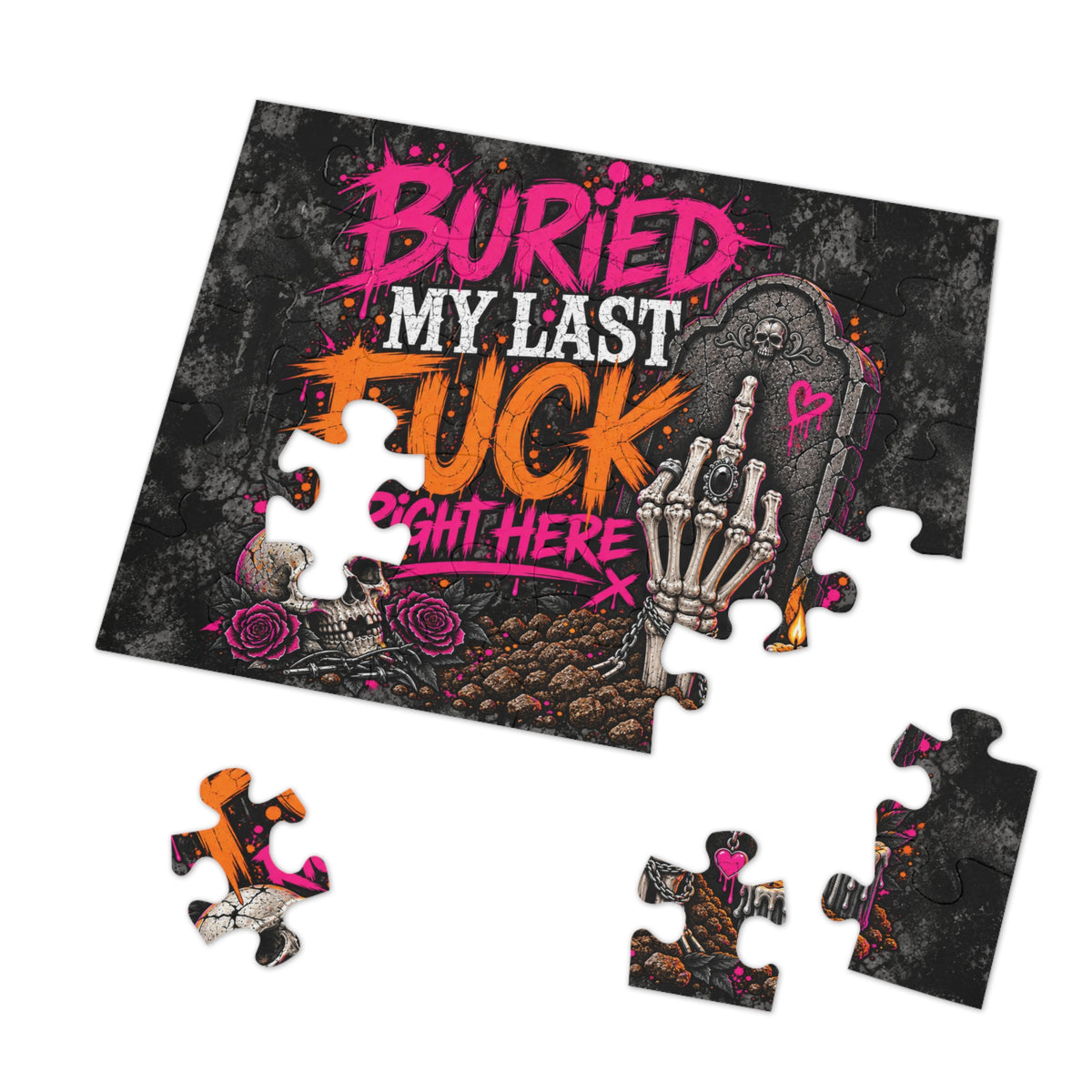 I Buried My Last Fuck Right Here Halloween Jigsaw Puzzle | Sarcastic Gothic Skull Puzzle by Subbin4Sanity