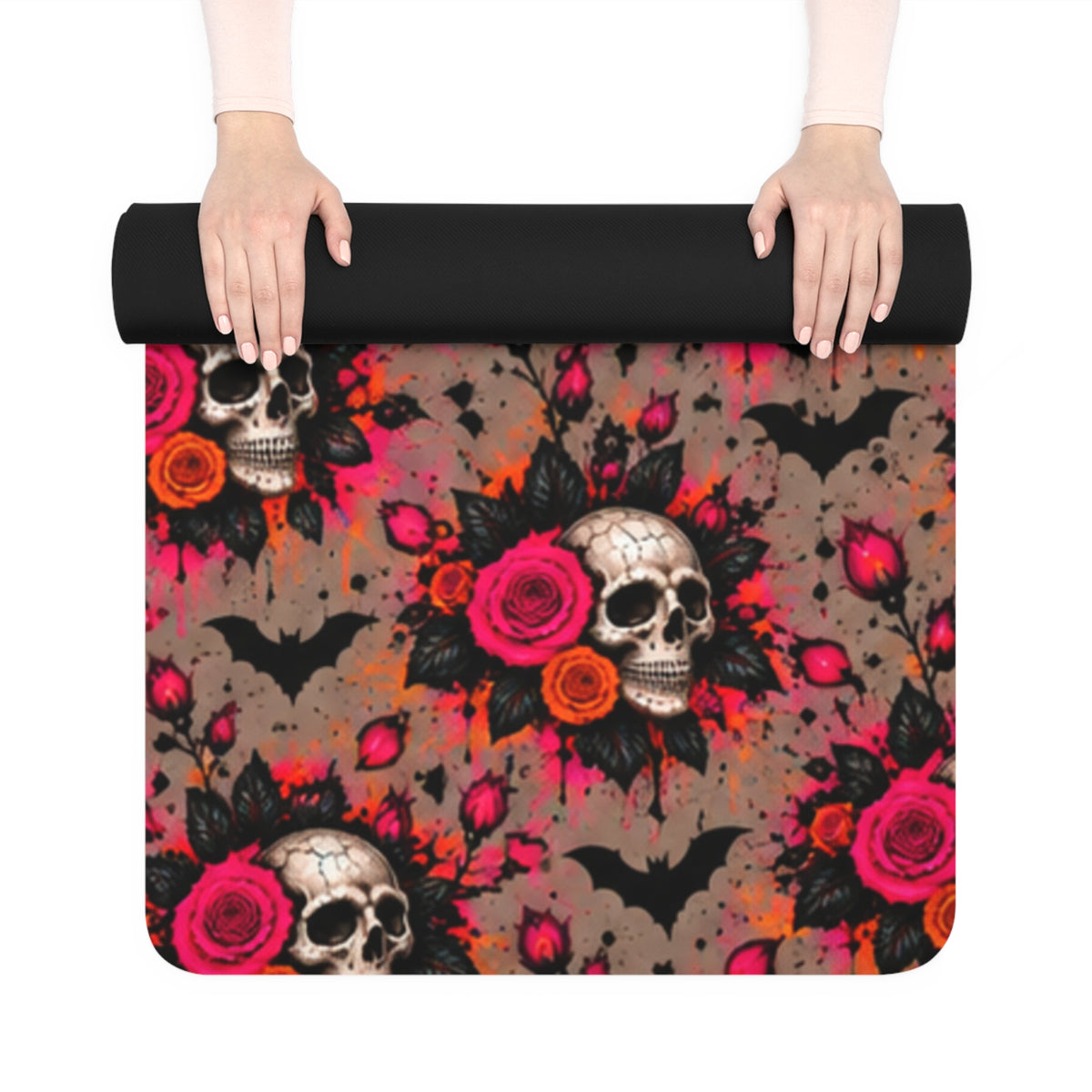 Deadly Blooms Rubber Yoga Mat | Gothic Floral Skull Workout Mat by Subbin4Sanity