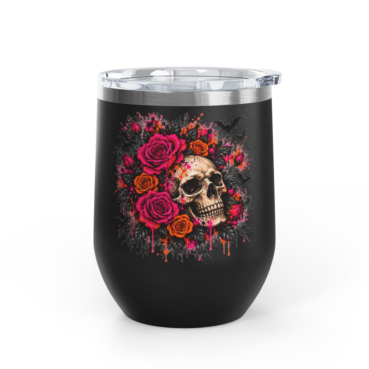 Deadly Blooms 12oz Wine Tumbler | Gothic Floral Skull Stainless Steel Cup by Subbin4Sanity