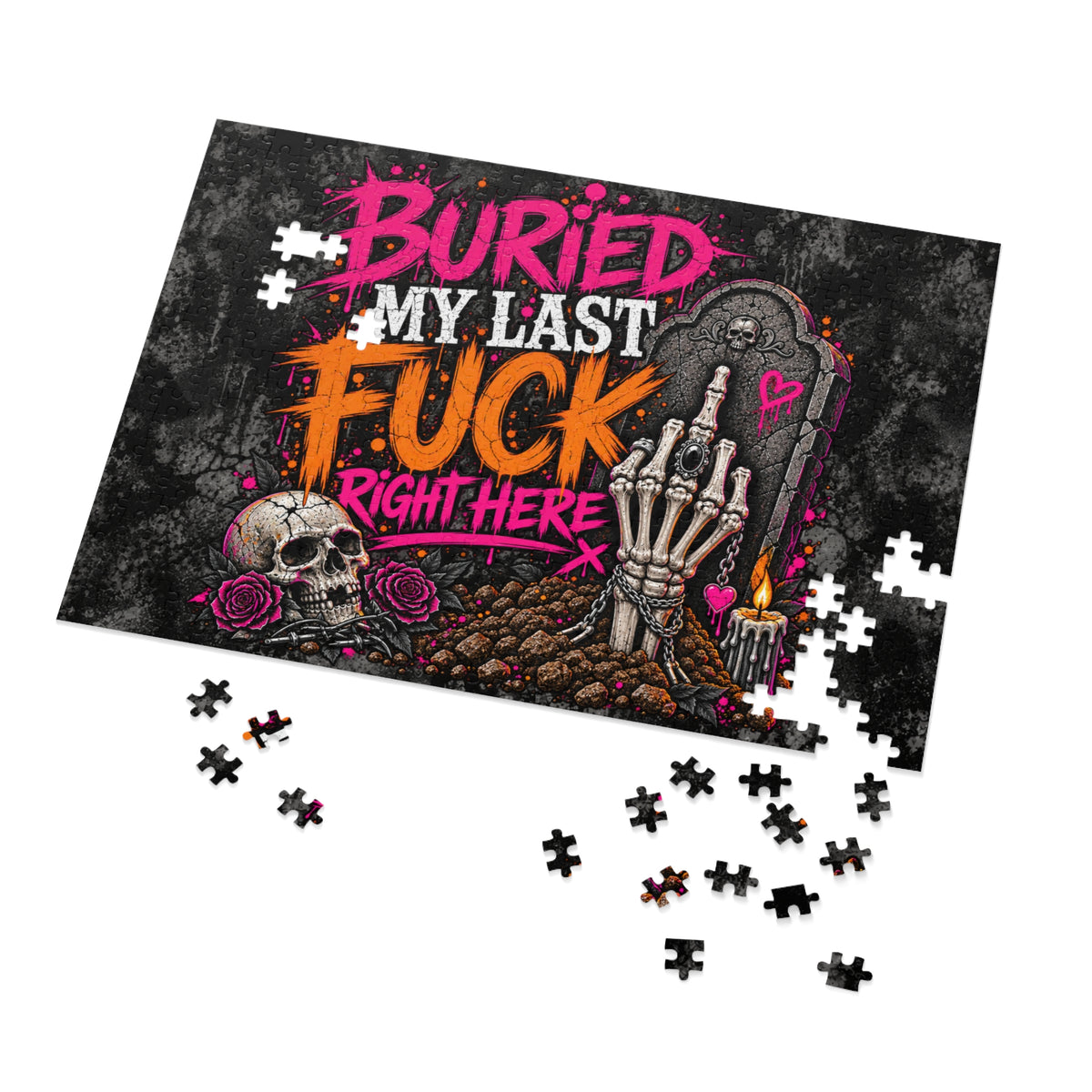 I Buried My Last Fuck Right Here Halloween Jigsaw Puzzle | Sarcastic Gothic Skull Puzzle by Subbin4Sanity
