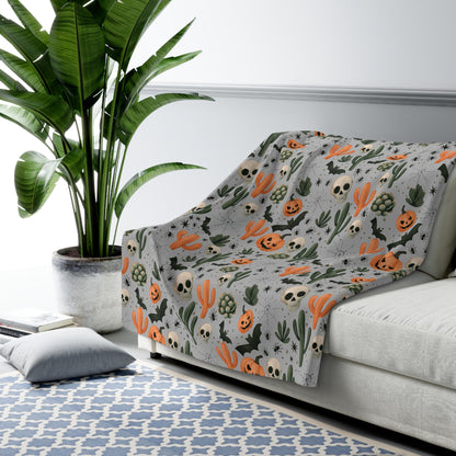 Boho Halloween Sherpa Fleece Blanket, Pumpkin Spider Bat Cactus Decor, Fall Home Decor, Cozy Warm Throw, Halloween Gift, Bohemian Blanket,