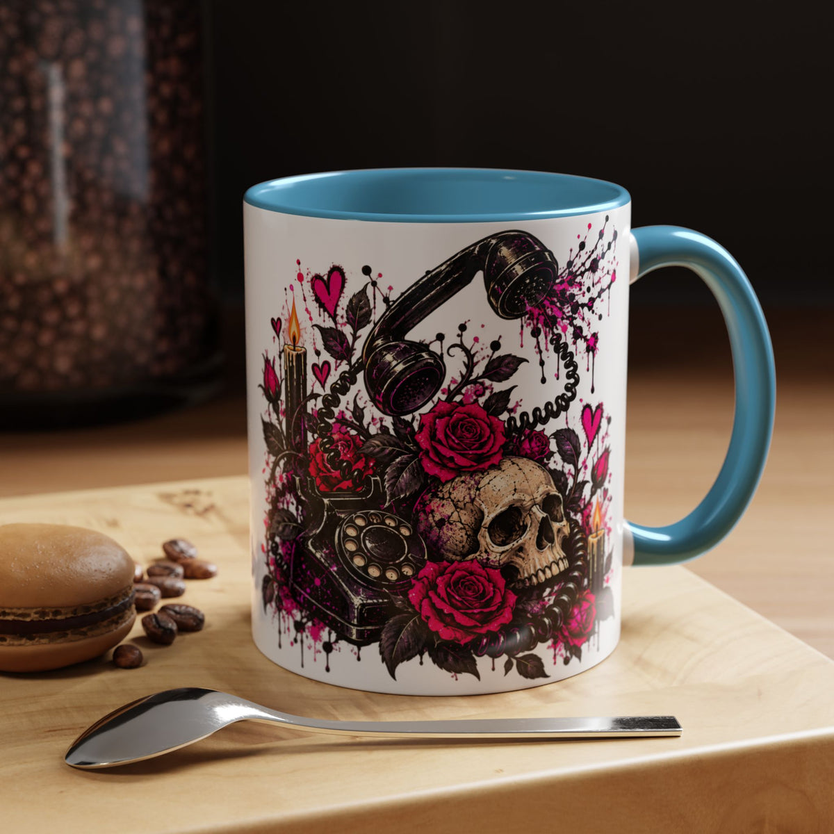 Karma’s Calling Coffee Mug | Gothic Skull & Telephone Ceramic Mug by Subbin4Sanity