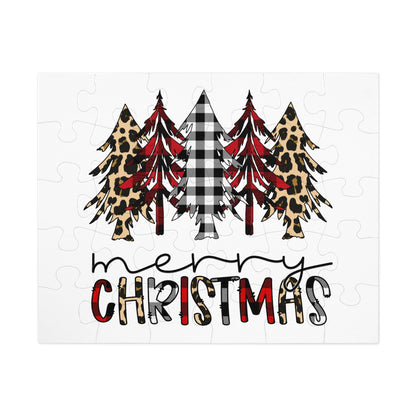 Merry Christmas Jigsaw Puzzle with Tin — Buffalo Plaid & Leopard Trees Merry Christmas Holiday Design