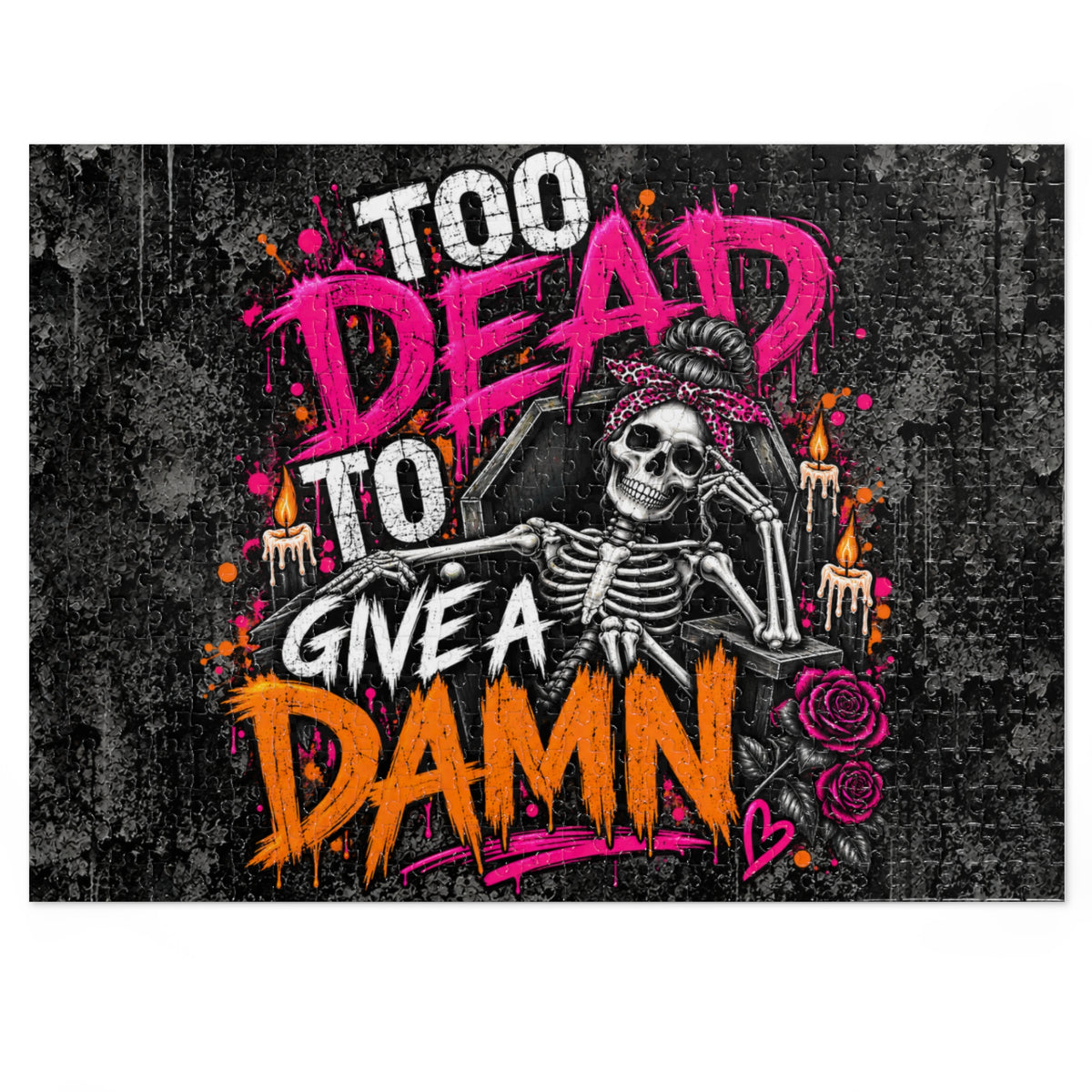 Too Dead To Give A Damn Halloween Jigsaw Puzzle | Sarcastic Gothic Skeleton Puzzle by Subbin4Sanity