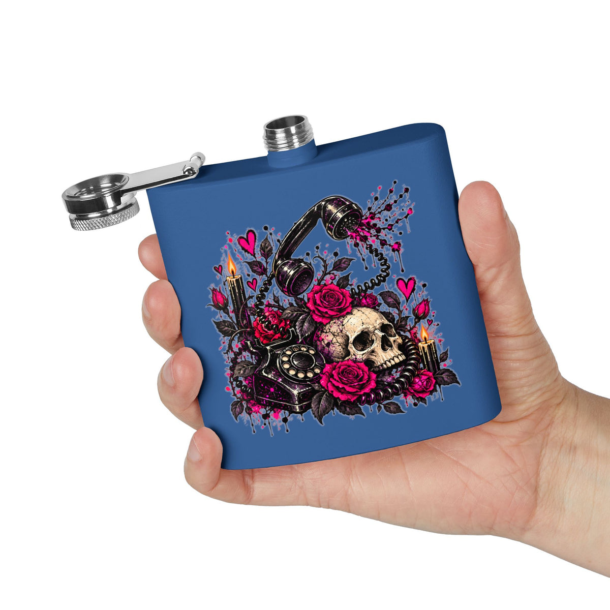 Karma’s Calling 6oz Stainless Steel Flask | Gothic Skull & Telephone Drinking Flask by Subbin4Sanity