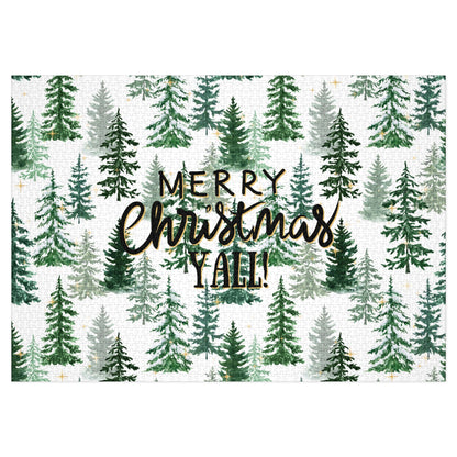 "Merry Christmas Yall!" Puzzle with Tin Box with Christmas Tree Background
