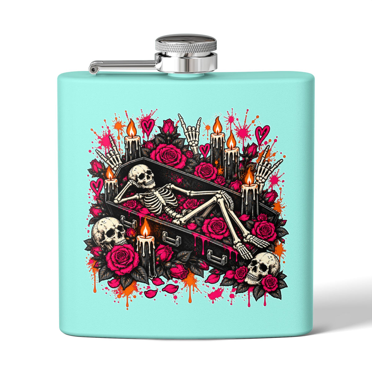 Dead & Unbothered 6oz Stainless Steel Flask | Gothic Skeleton Drinking Flask by Subbin4Sanity