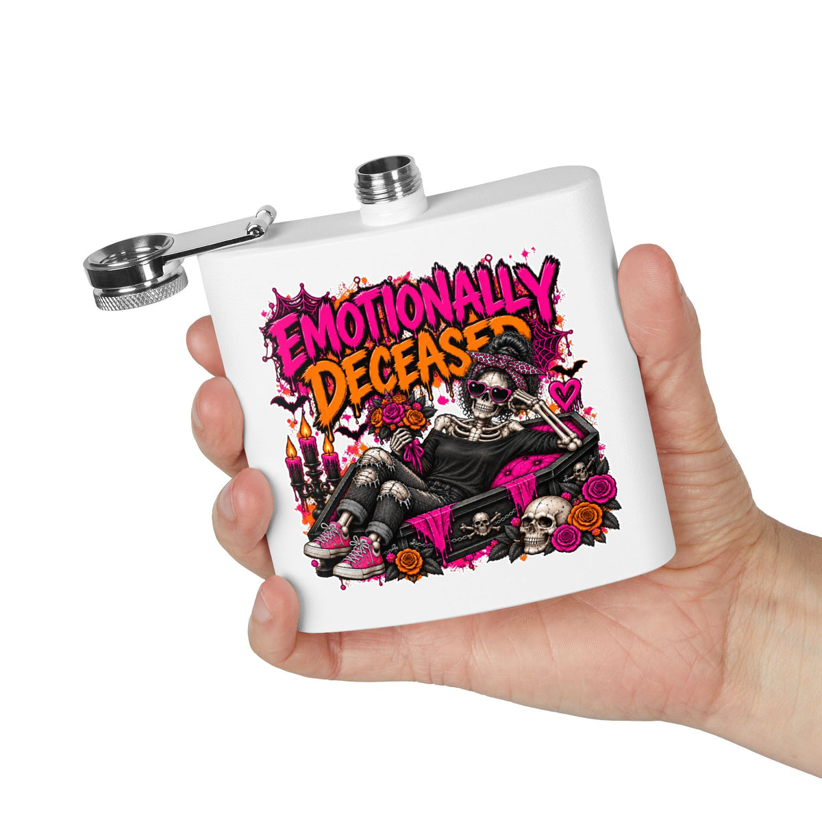 Emotionally Deceased 6oz Stainless Steel Flask | Dark Humor Gothic Drinking Flask by Subbin4Sanity