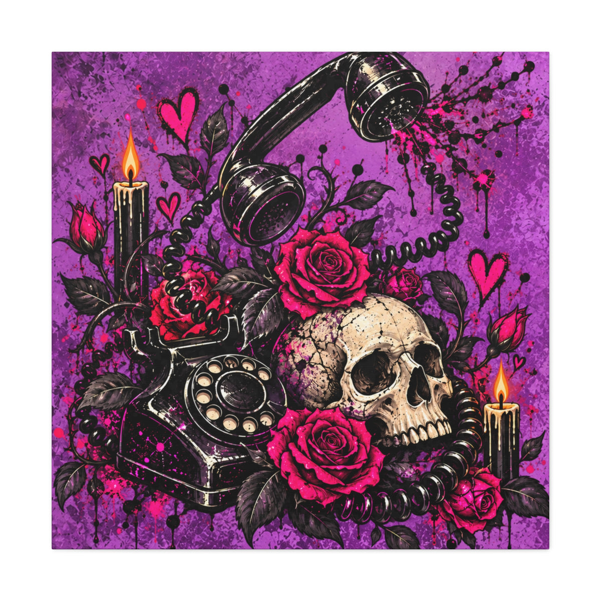 Karma’s Calling Halloween Canvas | Gothic Skull, Roses & Vintage Phone Wall Art by Subbin4Sanity