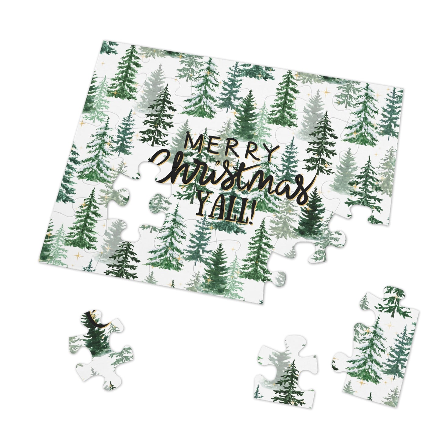 "Merry Christmas Yall!" Puzzle with Tin Box with Christmas Tree Background