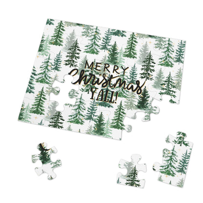 "Merry Christmas Yall!" Puzzle with Tin Box with Christmas Tree Background
