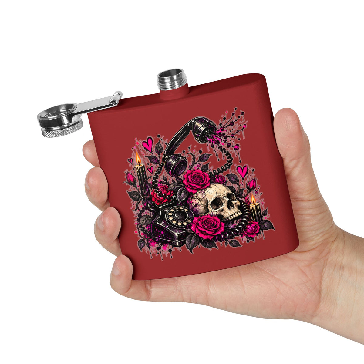 Karma’s Calling 6oz Stainless Steel Flask | Gothic Skull & Telephone Drinking Flask by Subbin4Sanity