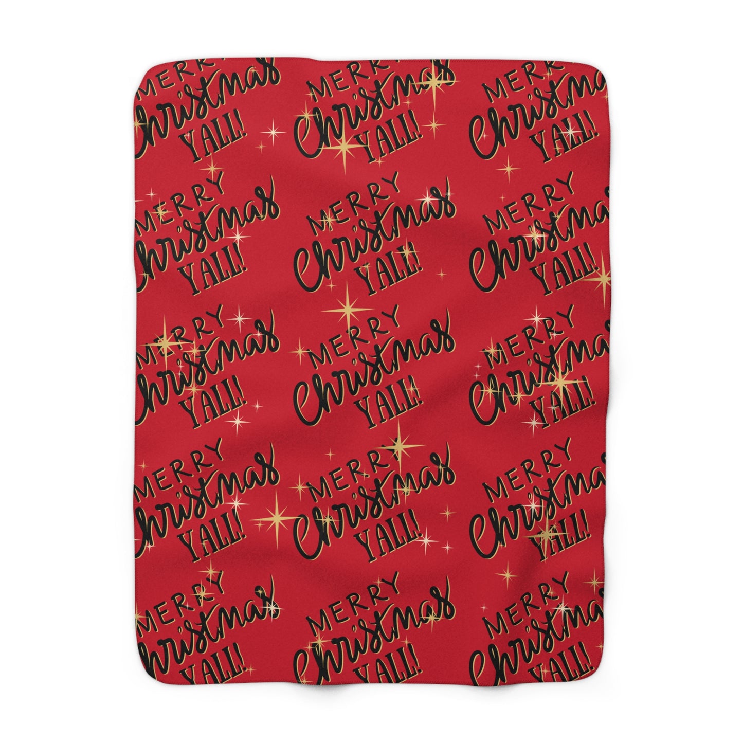 Red Christmas sherpa fleece blanket with star pattern and Merry Christmas Y’all