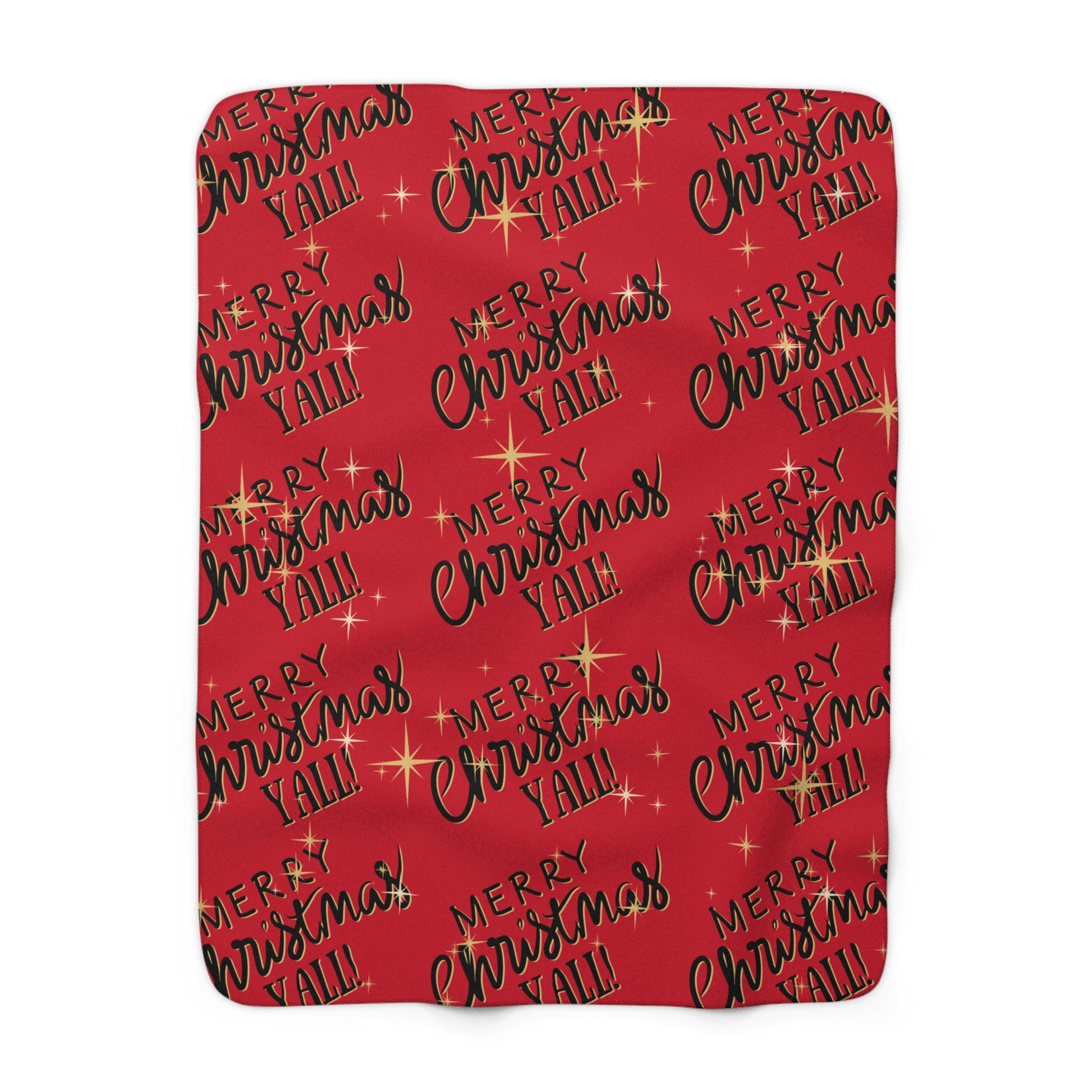 Red Christmas sherpa fleece blanket with star pattern and Merry Christmas Y’all