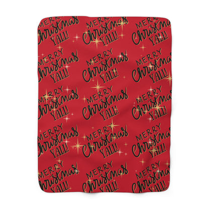 Red Christmas sherpa fleece blanket with star pattern and Merry Christmas Y’all