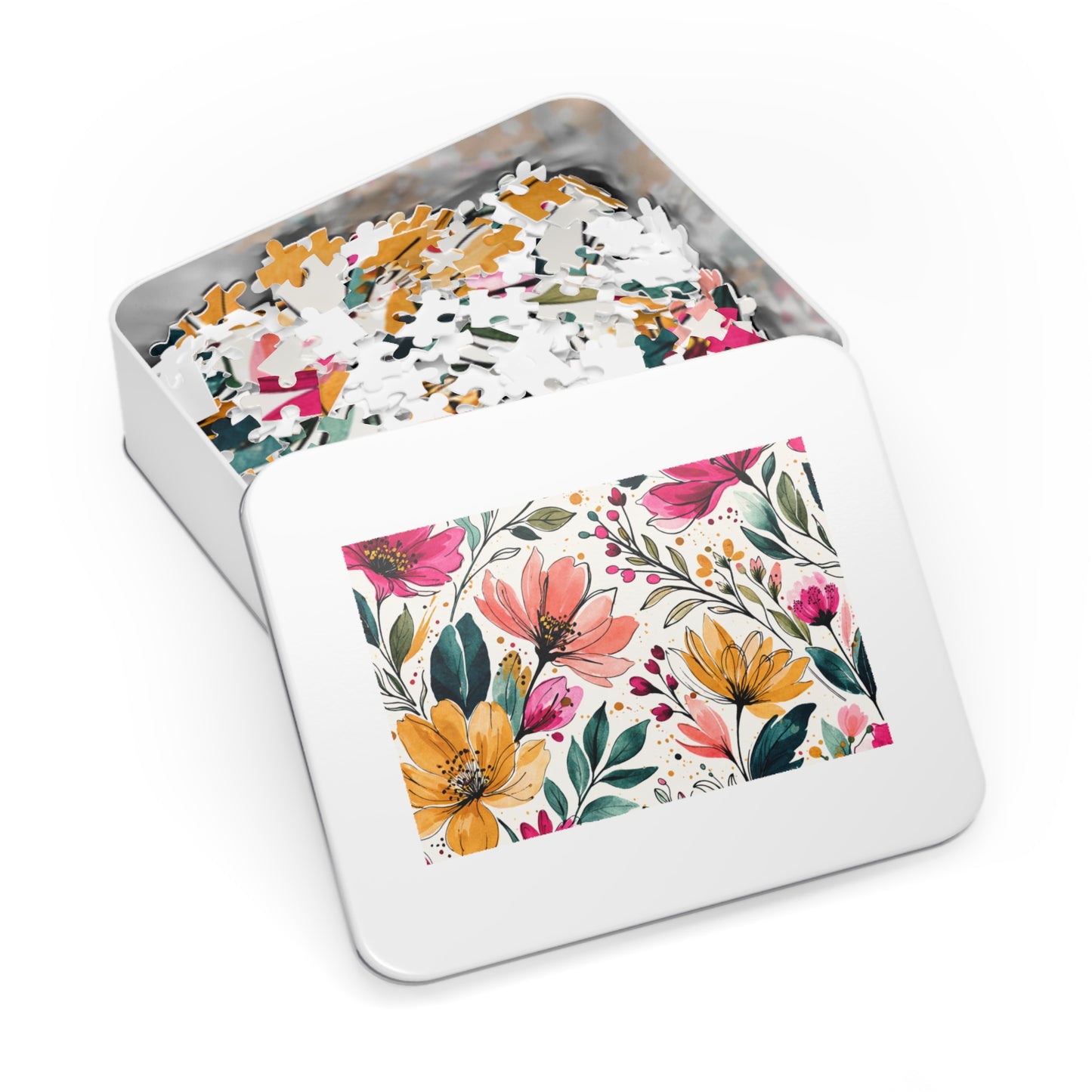 aModern Botanical Wildflower Pattern – Splatter Bloom Collection – Puzzle & Tin Storage Box
