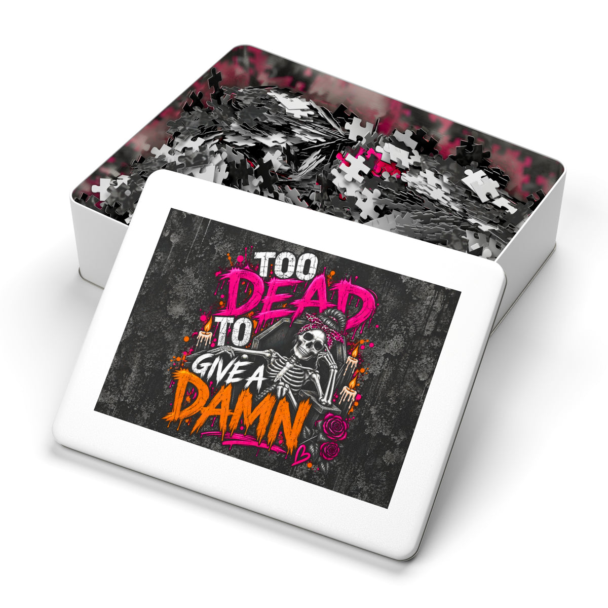 Too Dead To Give A Damn Halloween Jigsaw Puzzle | Sarcastic Gothic Skeleton Puzzle by Subbin4Sanity