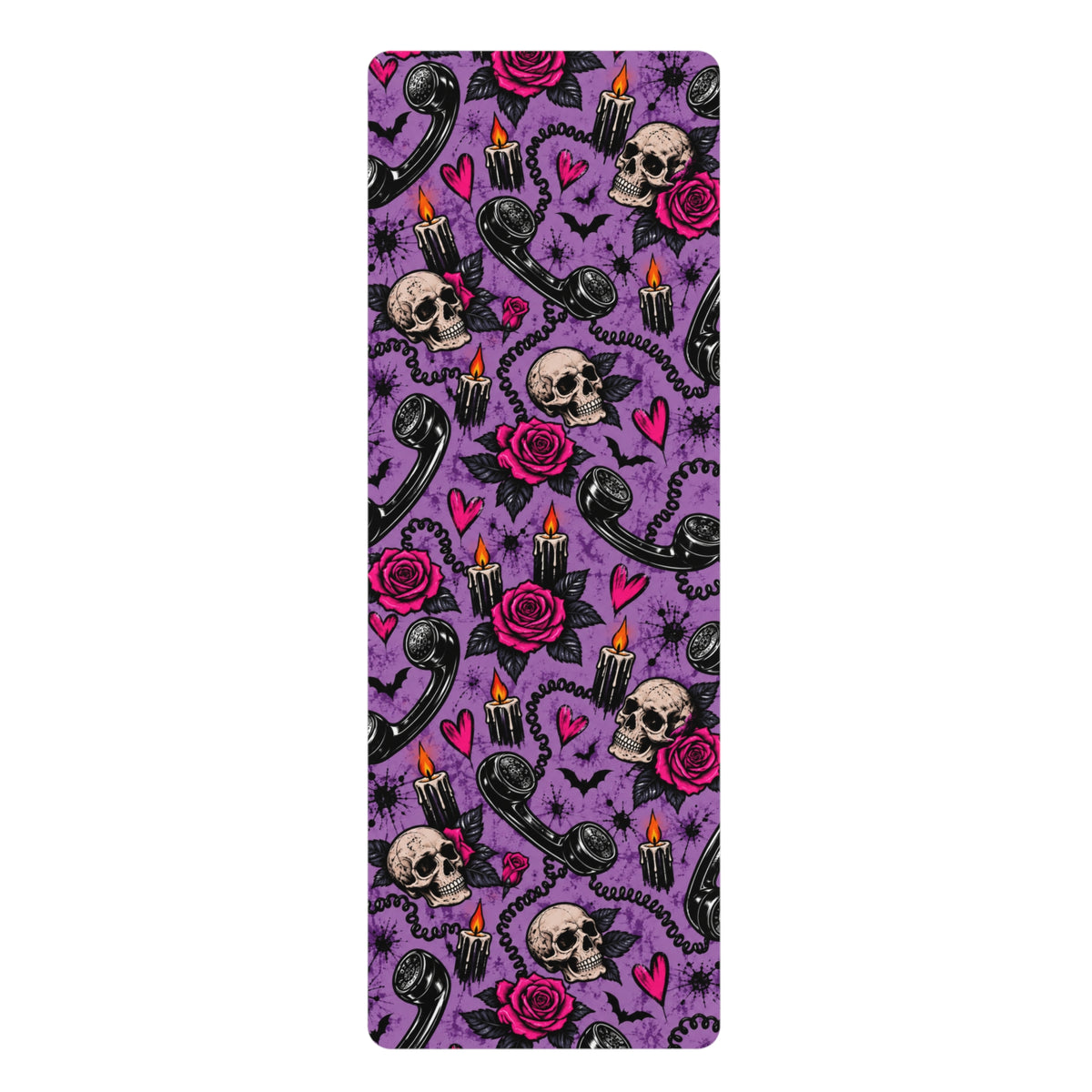 Karma’s Calling Pattern Rubber Yoga Mat | Gothic Telephone & Skull Workout Mat by Subbin4Sanity