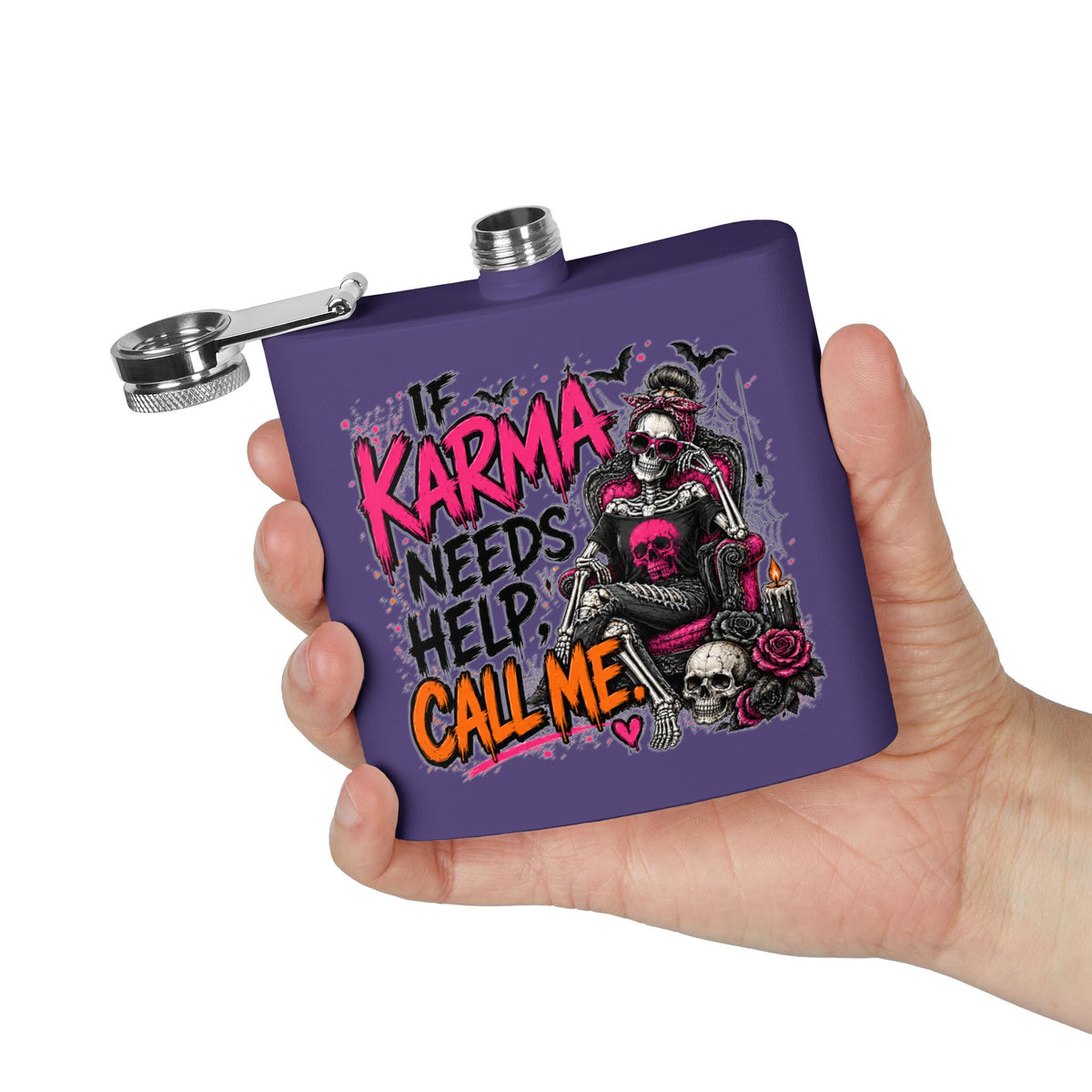 If Karma Needs Help, Call Me 6oz Stainless Steel Flask | Sarcastic Gothic Drinking Flask by Subbin4Sanity
