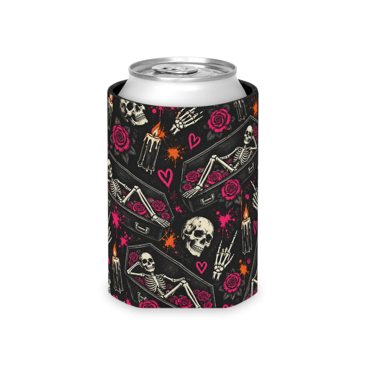 Dead & Unbothered Pattern Foam Grip Koozie | Gothic Skeleton Can Cooler by Subbin4Sanity