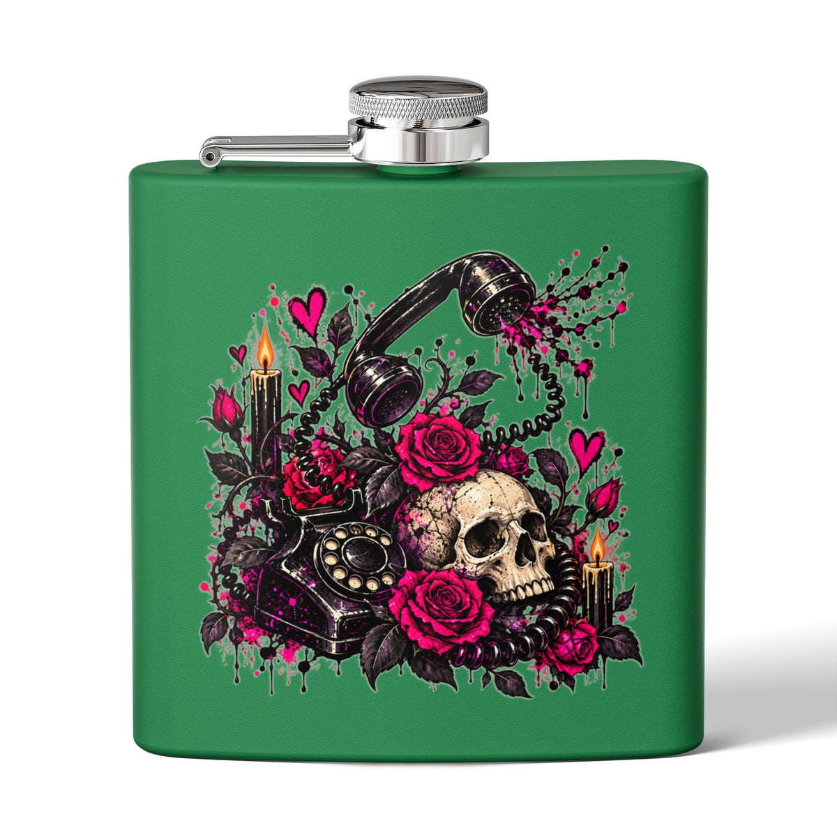 Karma’s Calling 6oz Stainless Steel Flask | Gothic Skull & Telephone Drinking Flask by Subbin4Sanity