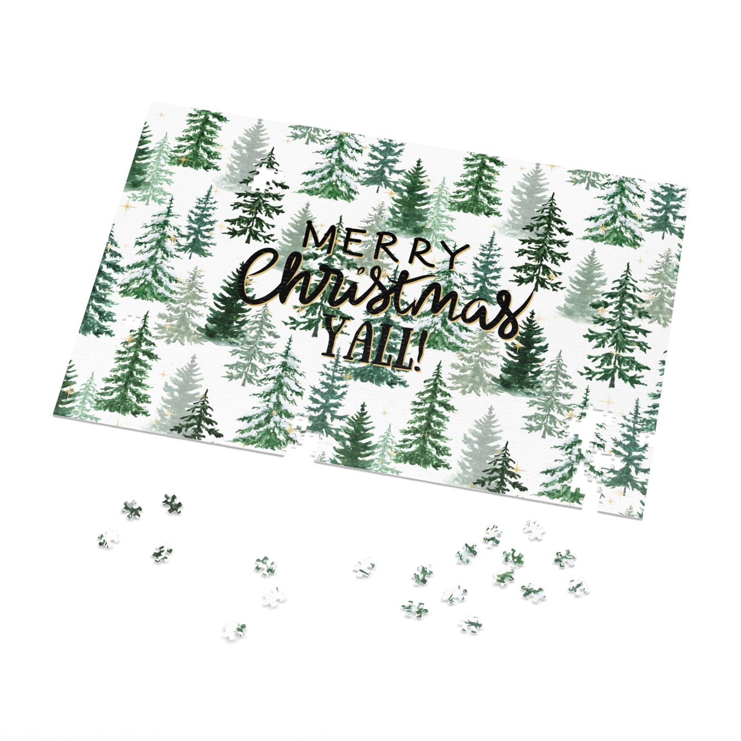"Merry Christmas Yall!" Puzzle with Tin Box with Christmas Tree Background