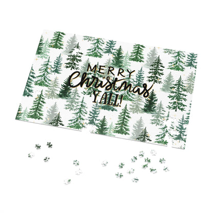 "Merry Christmas Yall!" Puzzle with Tin Box with Christmas Tree Background
