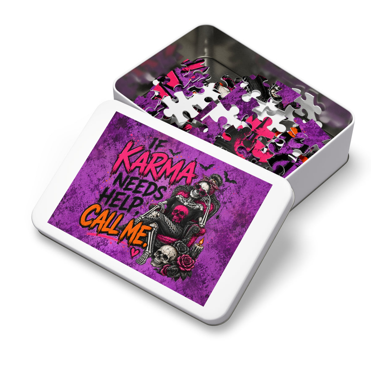 If Karma Needs Help, Call Me Halloween Jigsaw Puzzle | Sarcastic Gothic Skull Puzzle by Subbin4Sanity