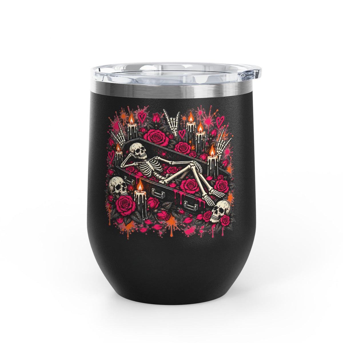 Dead & Unbothered 12oz Wine Tumbler | Gothic Skeleton Stainless Steel Cup by Subbin4Sanity