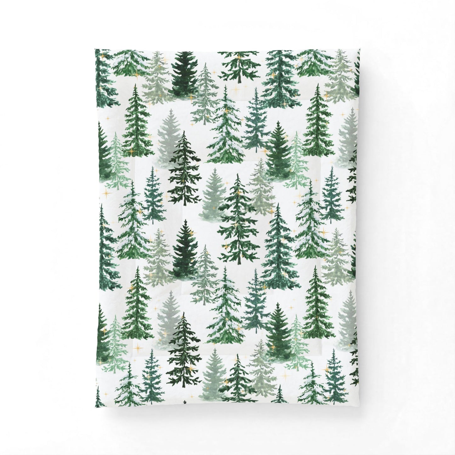 Winter Woods Comforter Blanket | Christmas Pine Forest Cotton Comforter – Green Watercolor Evergreen Bedding by Subbin4Sanity