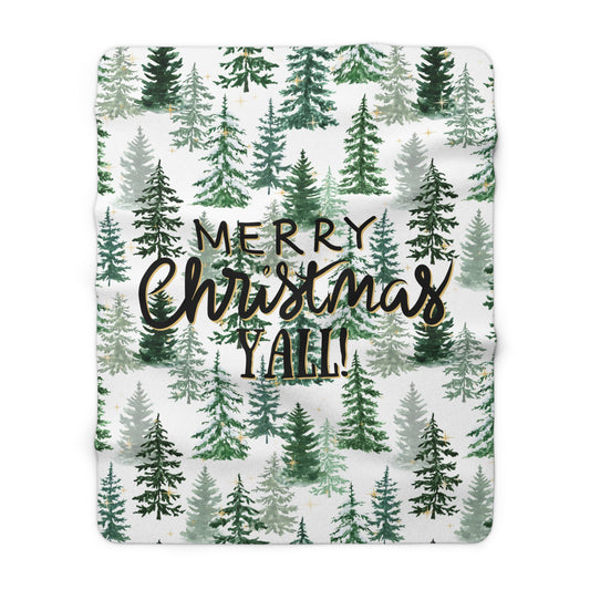 Christmas Sherpa Fleece white Blanket with christmas tree pattern "merry christmas yall"