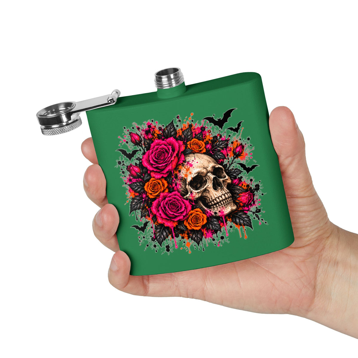 Deadly Blooms 6oz Stainless Steel Flask | Gothic Floral Skull Drinking Flask by Subbin4Sanity