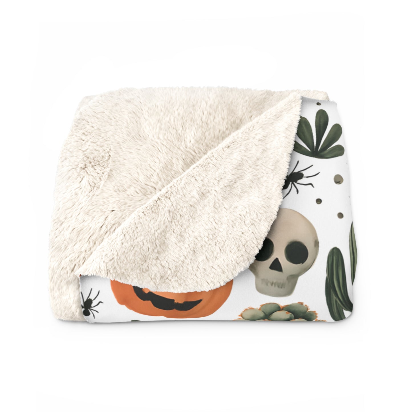 Fall Throw Blanket, Halloween Decor, Sherpa Fleece Blanket, Boho Autumn Home Decor, Spooky Cozy Bedding, Pumpkin Spider Bat Cactus Design