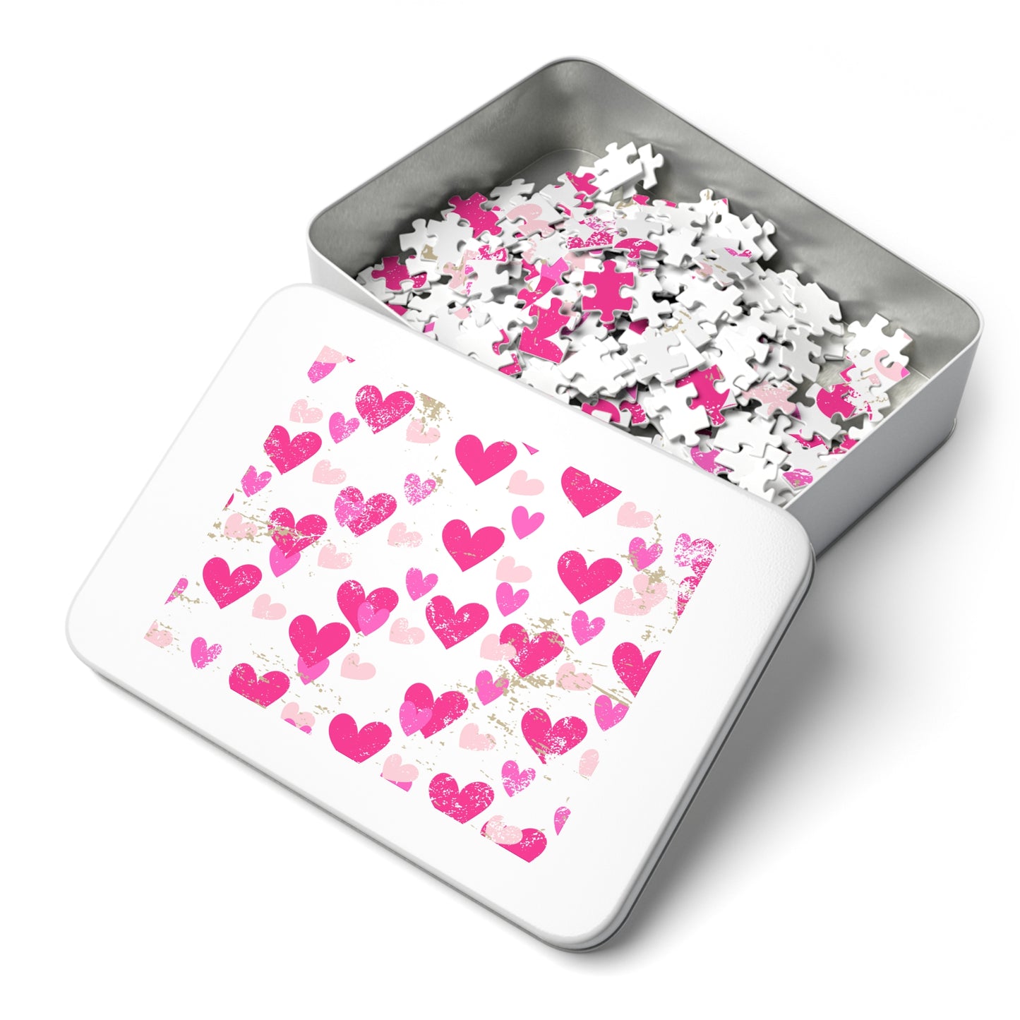 Heart Pattern Jigsaw Puzzle with Tin — Pink Hearts Valentine Puzzle Gift