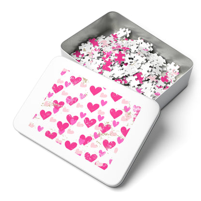 Heart Pattern Jigsaw Puzzle with Tin — Pink Hearts Valentine Puzzle Gift