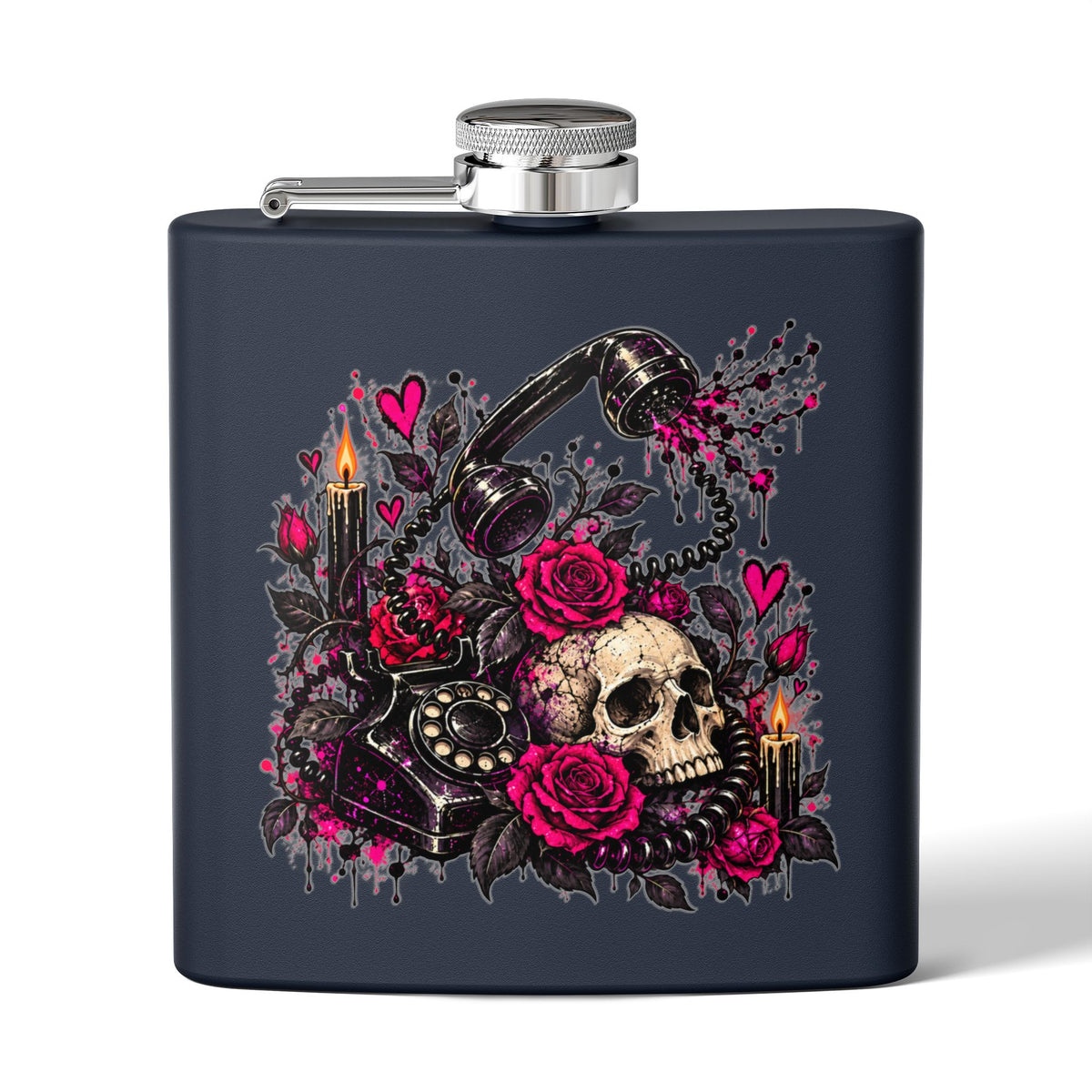 Karma’s Calling 6oz Stainless Steel Flask | Gothic Skull & Telephone Drinking Flask by Subbin4Sanity