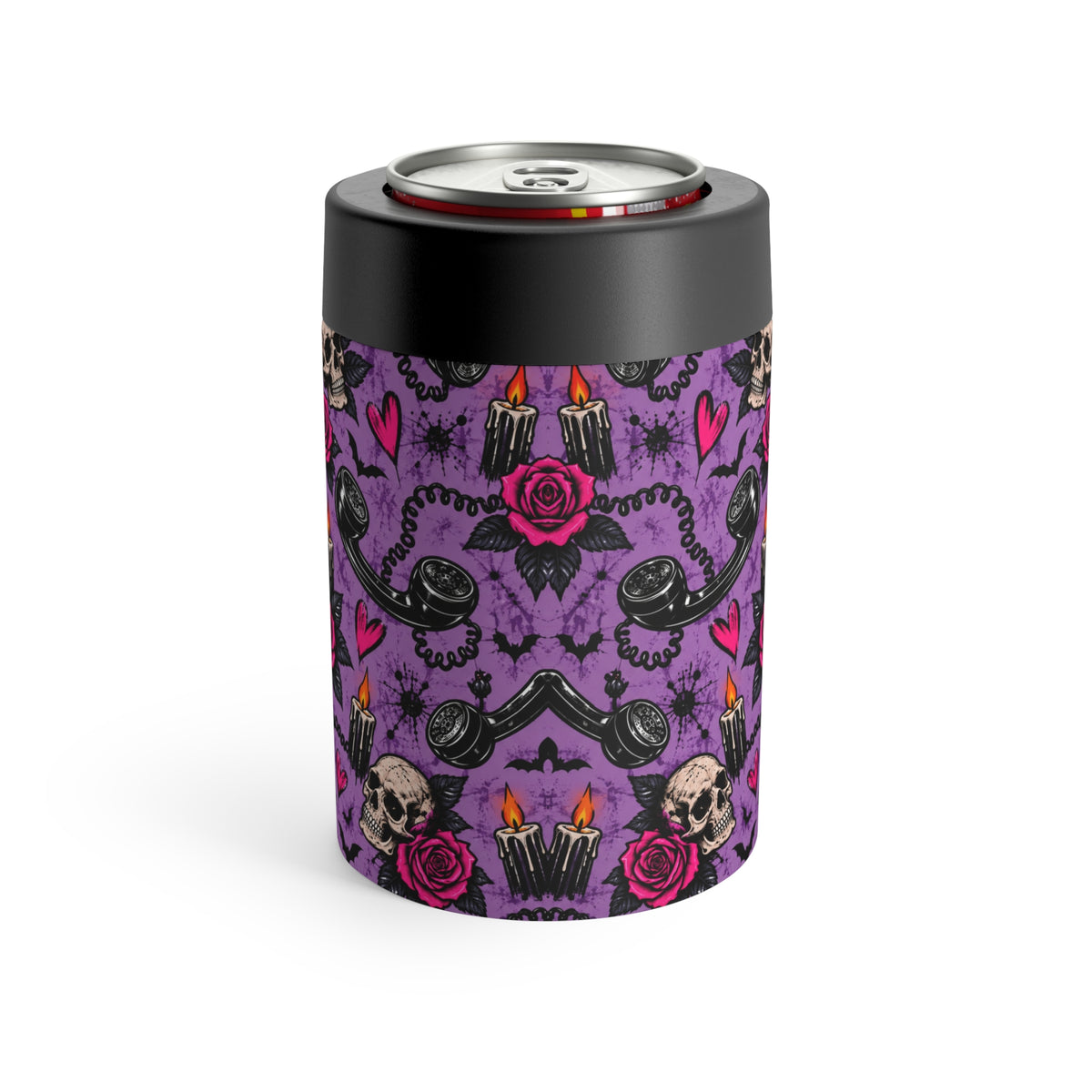 Karma’s Calling Pattern 12oz Insulated Stainless Steel Koozie | Gothic Telephone & Rose Can Holder by Subbin4Sanity