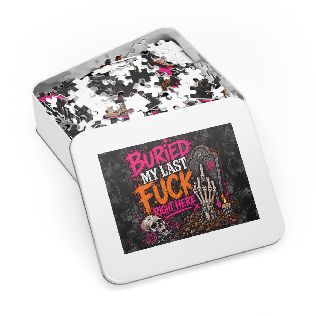 I Buried My Last Fuck Right Here Halloween Jigsaw Puzzle | Sarcastic Gothic Skull Puzzle by Subbin4Sanity