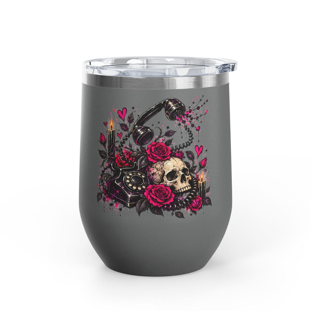 Karma’s Calling 12oz Wine Tumbler | Gothic Skull & Telephone Stainless Steel Cup by Subbin4Sanity