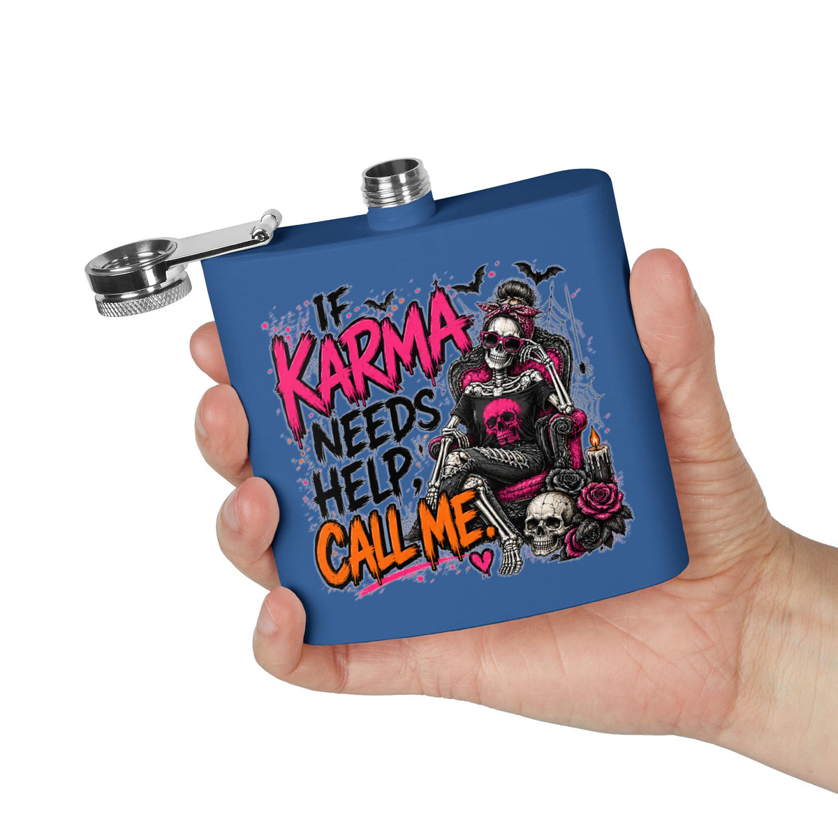 If Karma Needs Help, Call Me 6oz Stainless Steel Flask | Sarcastic Gothic Drinking Flask by Subbin4Sanity