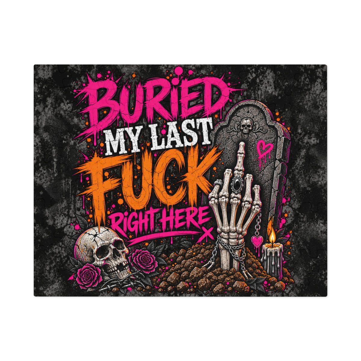 I Buried My Last Fuck Right Here Halloween Jigsaw Puzzle | Sarcastic Gothic Skull Puzzle by Subbin4Sanity