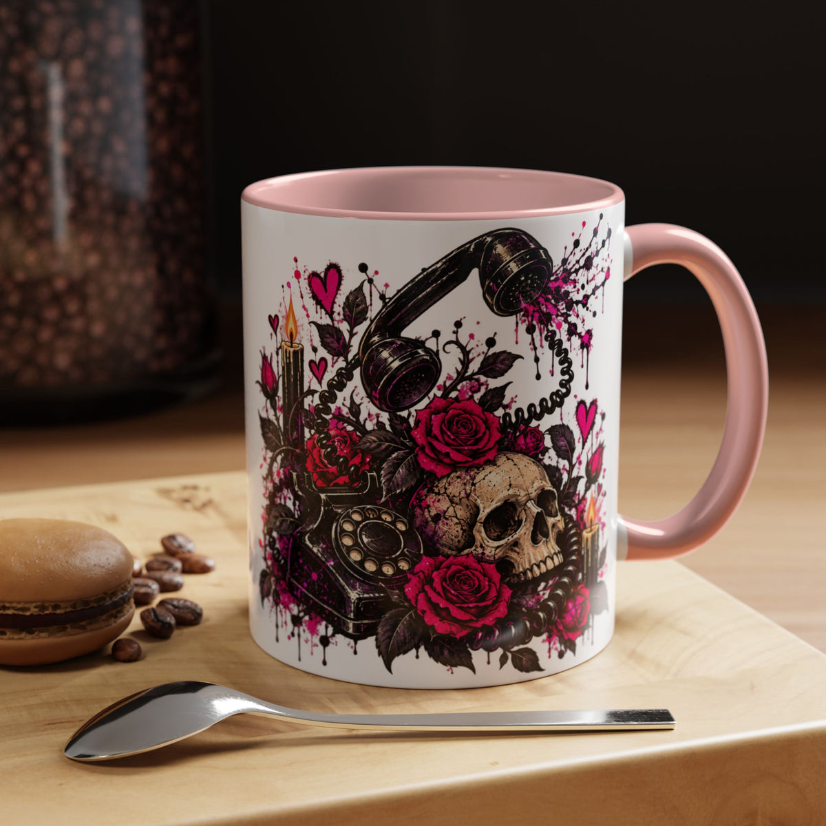 Karma’s Calling Coffee Mug | Gothic Skull & Telephone Ceramic Mug by Subbin4Sanity