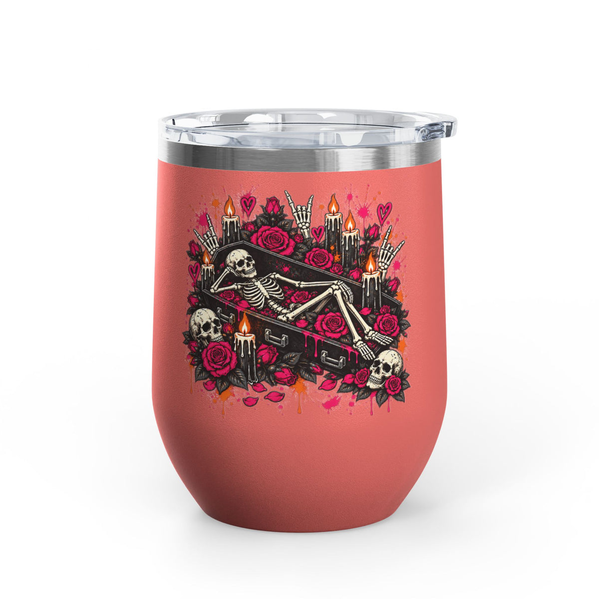 Dead & Unbothered 12oz Wine Tumbler | Gothic Skeleton Stainless Steel Cup by Subbin4Sanity